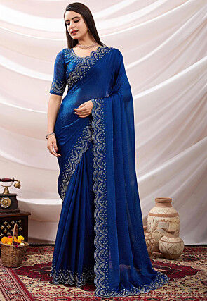 Embellished Border Chiffon Silk Saree in Blue