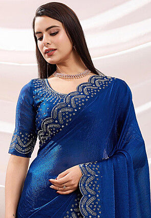Embellished Border Chiffon Silk Saree in Blue