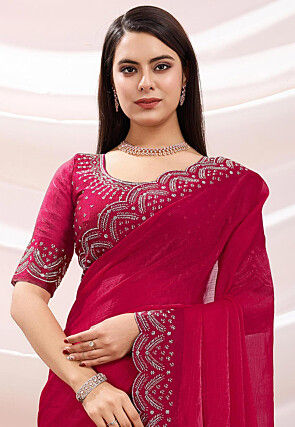 Embellished Border Chiffon Silk Saree in Pink