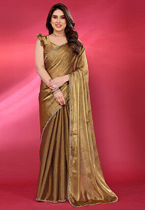 Embellished Border Chinon Chiffon Saree in Brown