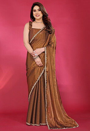 Embellished Border Chinon Chiffon Saree in Brown