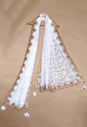 Embellished Border Net Brasso Dupatta in Off White
