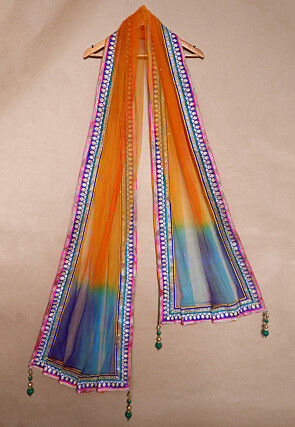 Embellished Border Net Dupatta in Orange and Blue
