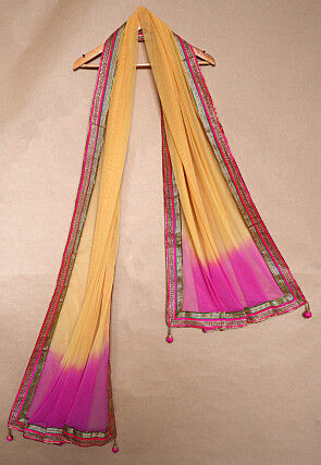 Embellished Border Net Dupatta in Yellow and Pink