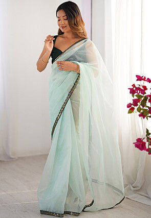 Embellished Border Net Saree in Sea Green