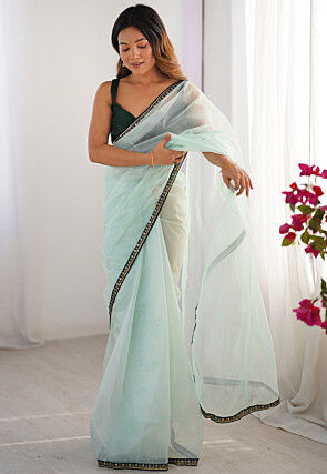 Embellished Border Net Saree in Sea Green