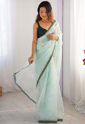 Embellished Border Net Saree in Sea Green