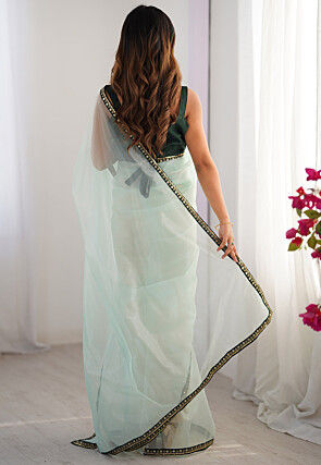 Embellished Border Net Saree in Sea Green