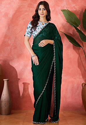 Embellished Border Satin Chiffon Saree in Dark Green