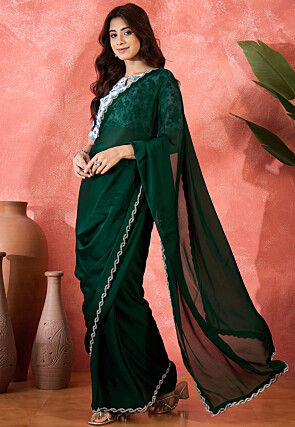 Embellished Border Satin Chiffon Saree in Dark Green