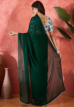 Embellished Border Satin Chiffon Saree in Dark Green