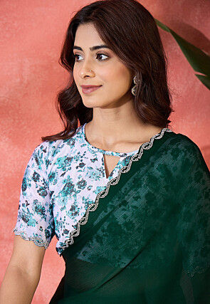 Embellished Border Satin Chiffon Saree in Dark Green