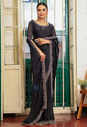 Embellished Border Satin Saree in Black