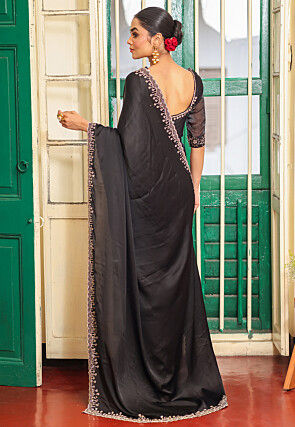 Embellished Border Satin Saree in Black
