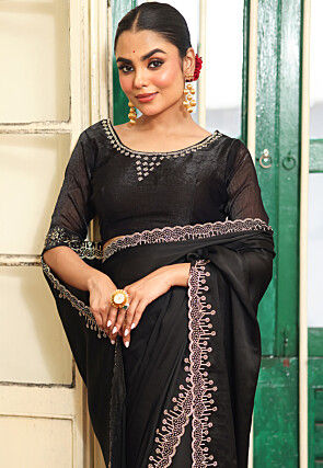 Embellished Border Satin Saree in Black