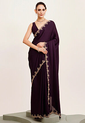Embellished Border Satin Scalloped Saree in Purple