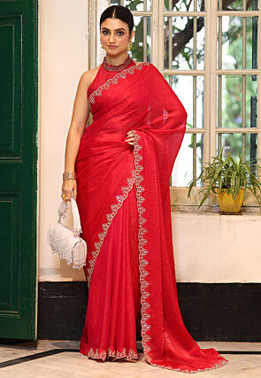 Embellished Border Tissue Saree in Fuchsia
