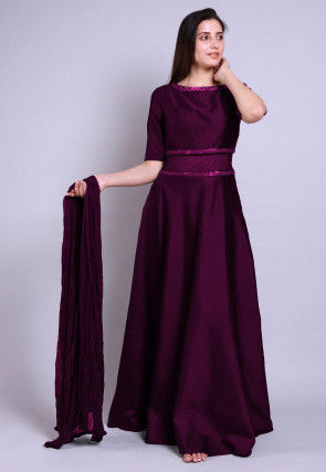 Embellished Caroon Satin Abaya Style Suit in Violet