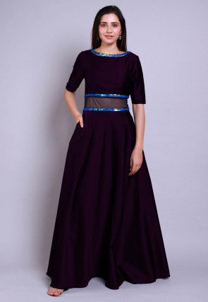 Embellished Caroon Satin Gown Set in Violet