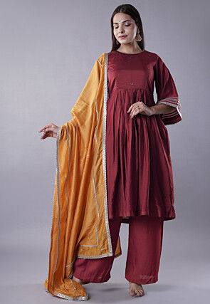 Embellished Chanderi Cotton Pakistani Suit in Maroon