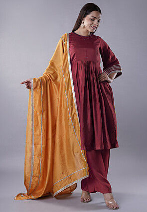 Embellished Chanderi Cotton Pakistani Suit in Maroon