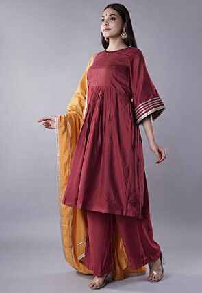 Embellished Chanderi Cotton Pakistani Suit in Maroon