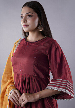 Embellished Chanderi Cotton Pakistani Suit in Maroon