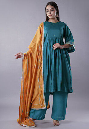 Embellished Chanderi Cotton Pakistani Suit in Teal Blue