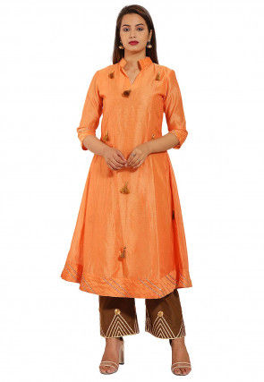 Embellished Chanderi Silk A Line Kurta in Orange