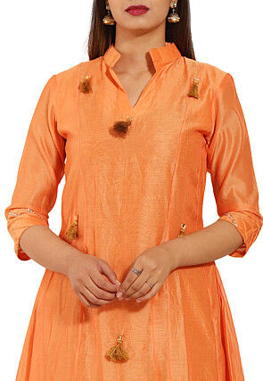 Embellished Chanderi Silk A Line Kurta in Orange