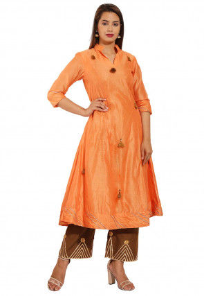 Embellished Chanderi Silk A Line Kurta Set in Orange