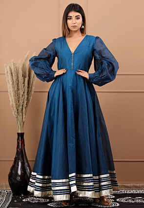 Embellished Chanderi Silk Gown in Dark Blue