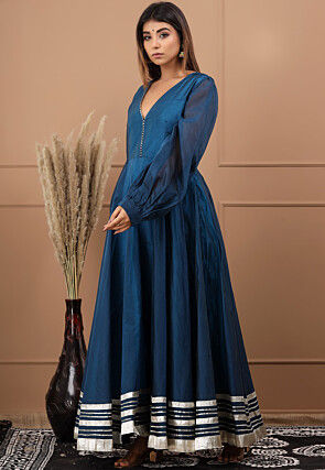Embellished Chanderi Silk Gown in Dark Blue