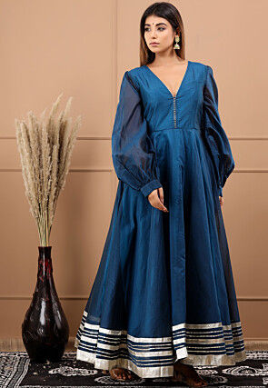 Embellished Chanderi Silk Gown in Dark Blue
