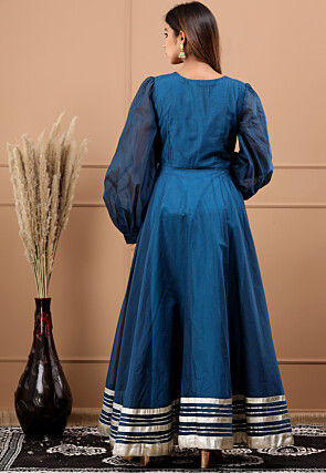 Embellished Chanderi Silk Gown in Dark Blue
