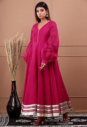 Embellished Chanderi Silk Gown in Fuchsia