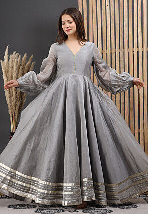 Embellished Chanderi Silk Gown in Grey