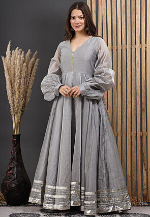 Embellished Chanderi Silk Gown in Grey