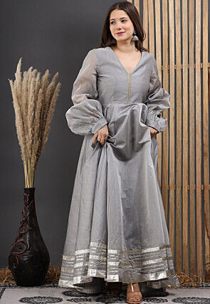 Embellished Chanderi Silk Gown in Grey