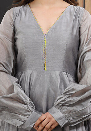 Embellished Chanderi Silk Gown in Grey