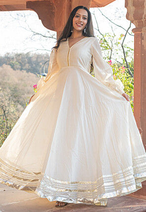 Embellished Chanderi Silk Gown in Off White