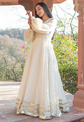Embellished Chanderi Silk Gown in Off White