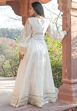 Embellished Chanderi Silk Gown in Off White
