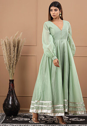 Embellished Chanderi Silk Gown in Pastel Green