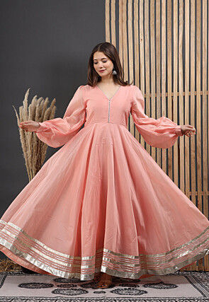 Embellished Chanderi Silk Gown in Peach