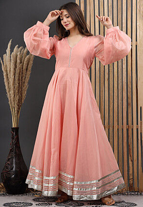 Embellished Chanderi Silk Gown in Peach