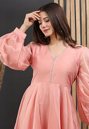 Embellished Chanderi Silk Gown in Peach