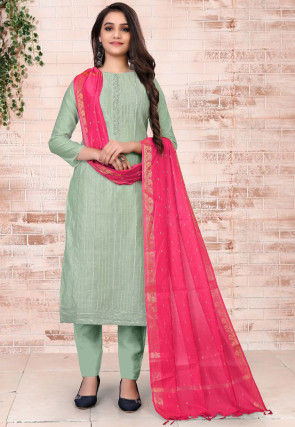 Embellished Chanderi Silk Pakistani Suit in Dusty Green
