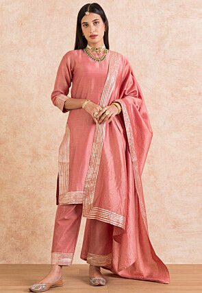 Embellished Chanderi Silk Pakistani Suit in Peach