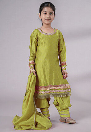 Embellished Chanderi Silk Punjabi Suit in Olive Green